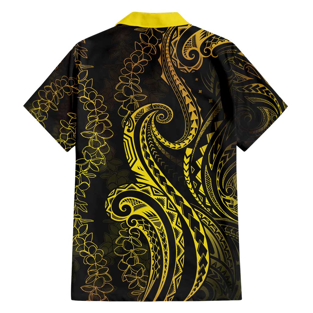 Polynesia Plumeria Lei Family Matching Summer Maxi Dress and Hawaiian Shirt Black Gold Curves Motif