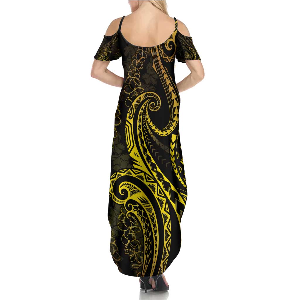 Polynesia Plumeria Lei Family Matching Summer Maxi Dress and Hawaiian Shirt Black Gold Curves Motif
