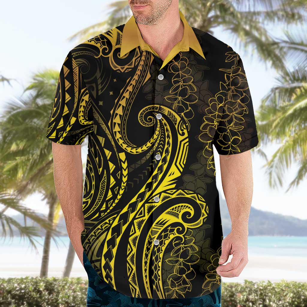 Polynesia Plumeria Lei Hawaiian Shirt Black Gold Curves Motif