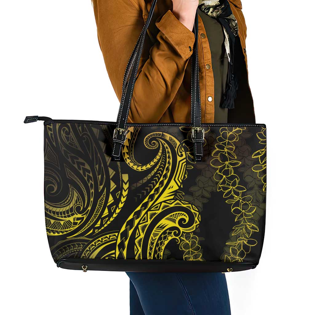Polynesia Plumeria Lei Leather Tote Bag Black Gold Curves Motif LT7 - Polynesian Pride