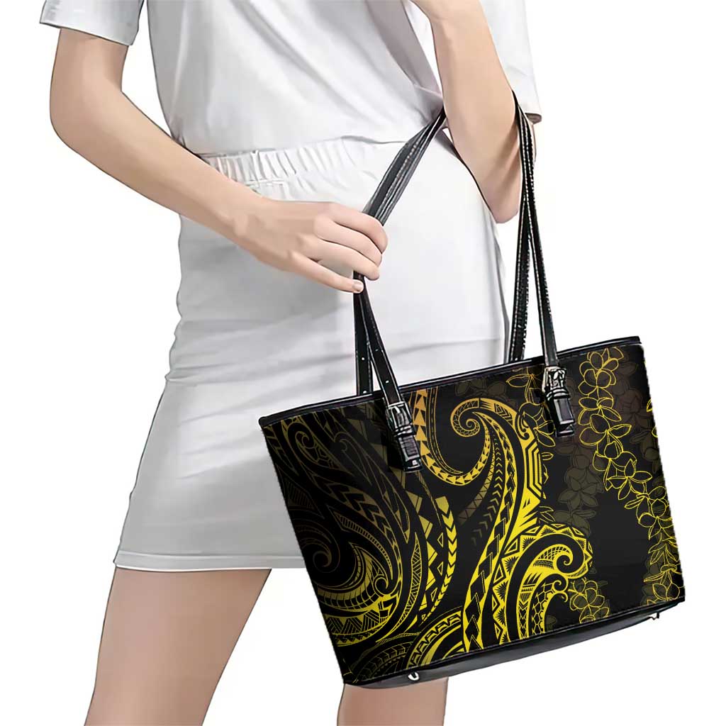 Polynesia Plumeria Lei Leather Tote Bag Black Gold Curves Motif LT7 - Polynesian Pride