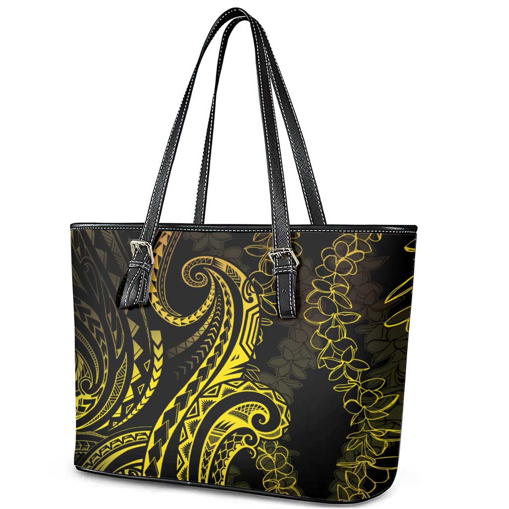 Polynesia Plumeria Lei Leather Tote Bag Black Gold Curves Motif LT7 - Polynesian Pride