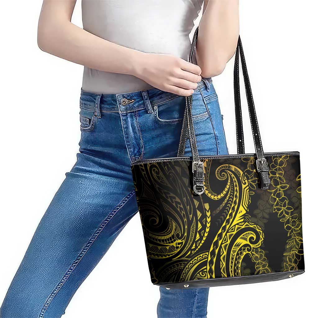 Polynesia Plumeria Lei Leather Tote Bag Black Gold Curves Motif LT7 - Polynesian Pride