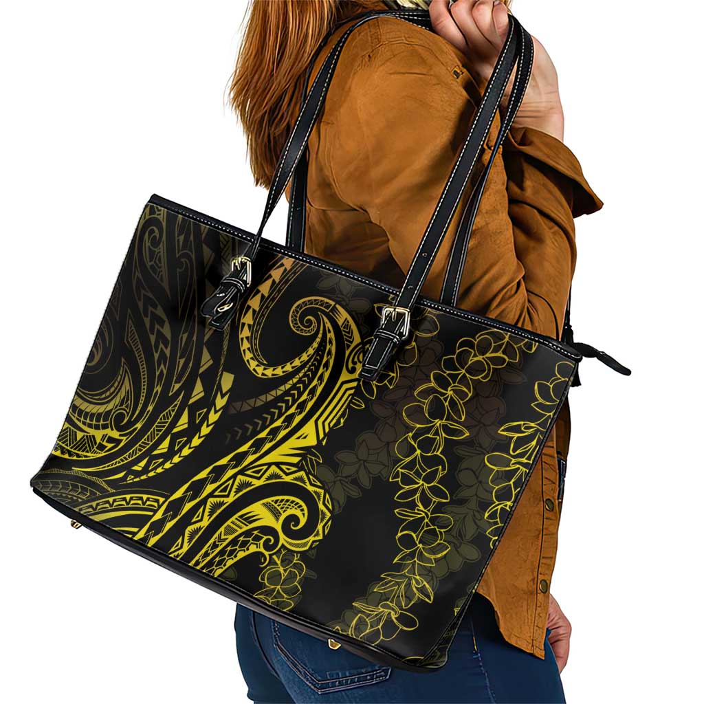 Polynesia Plumeria Lei Leather Tote Bag Black Gold Curves Motif LT7 - Polynesian Pride