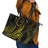 Polynesia Plumeria Lei Leather Tote Bag Black Gold Curves Motif LT7 - Polynesian Pride
