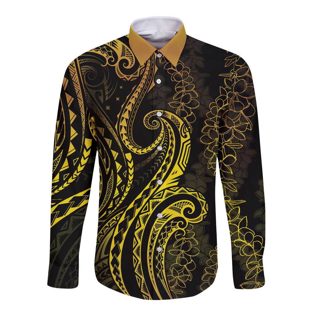 Polynesia Plumeria Lei Long Sleeve Button Shirt Black Gold Curves Motif
