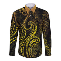 Polynesia Plumeria Lei Long Sleeve Button Shirt Black Gold Curves Motif