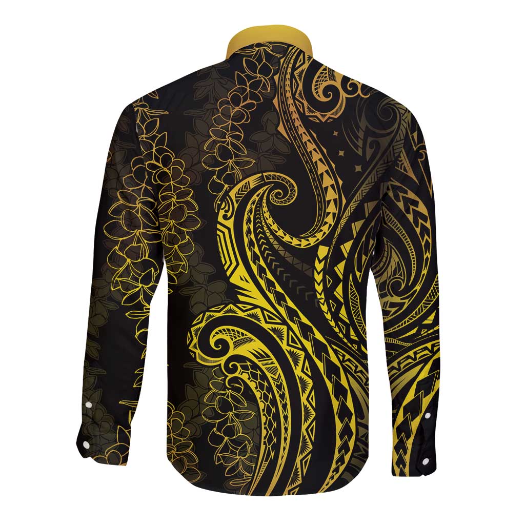 Polynesia Plumeria Lei Long Sleeve Button Shirt Black Gold Curves Motif