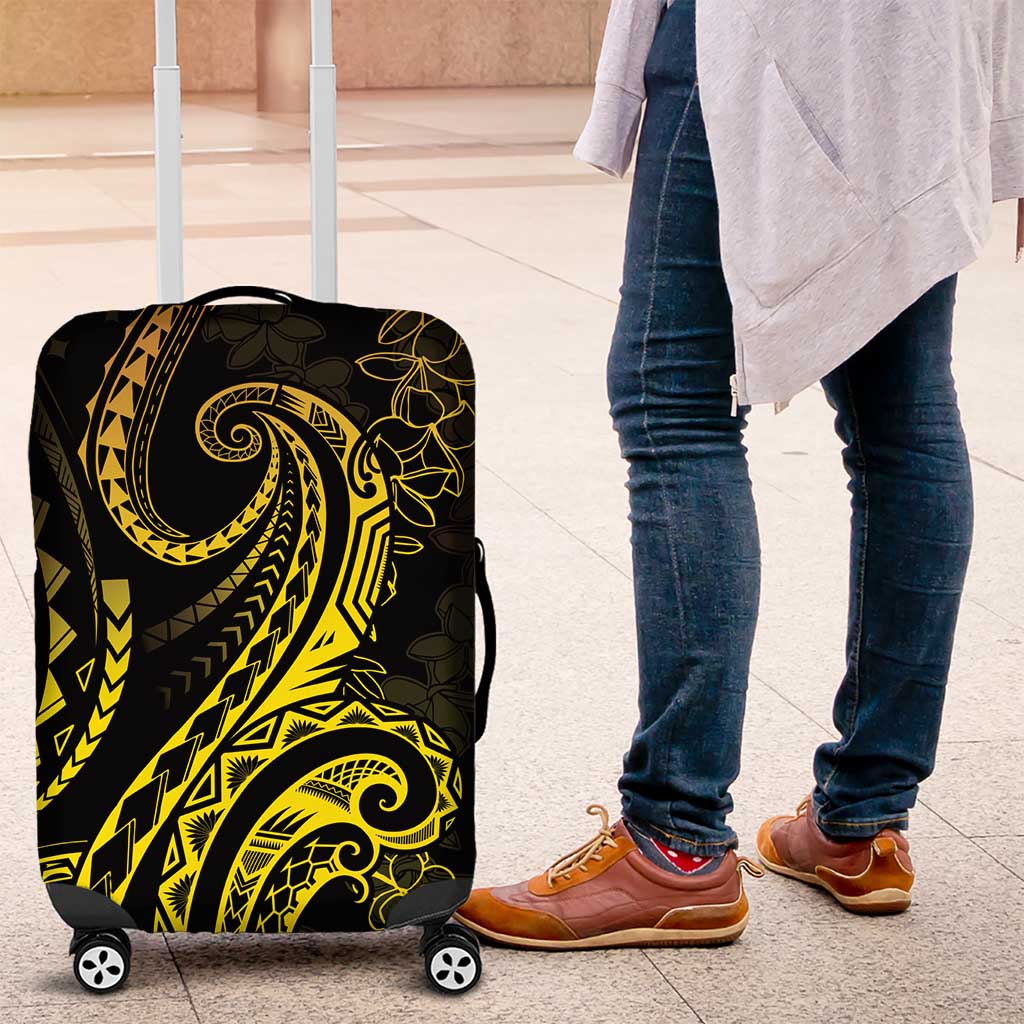 Polynesia Plumeria Lei Luggage Cover Black Gold Curves Motif