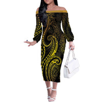 Polynesia Plumeria Lei Off The Shoulder Long Sleeve Dress Black Gold Curves Motif