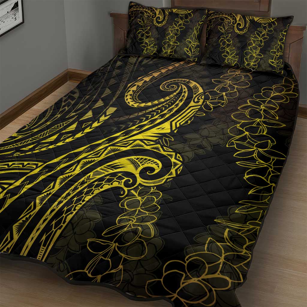 Polynesia Plumeria Lei Quilt Bed Set Black Gold Curves Motif