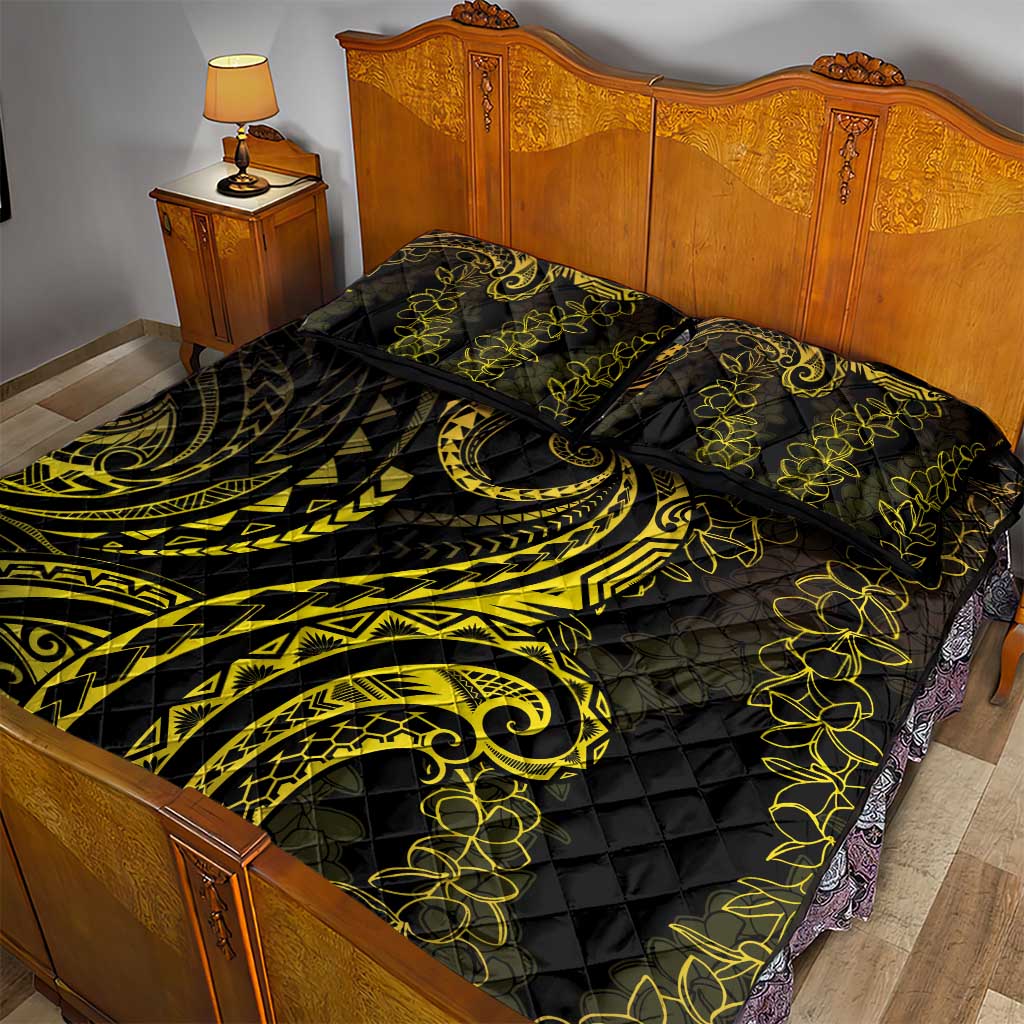 Polynesia Plumeria Lei Quilt Bed Set Black Gold Curves Motif