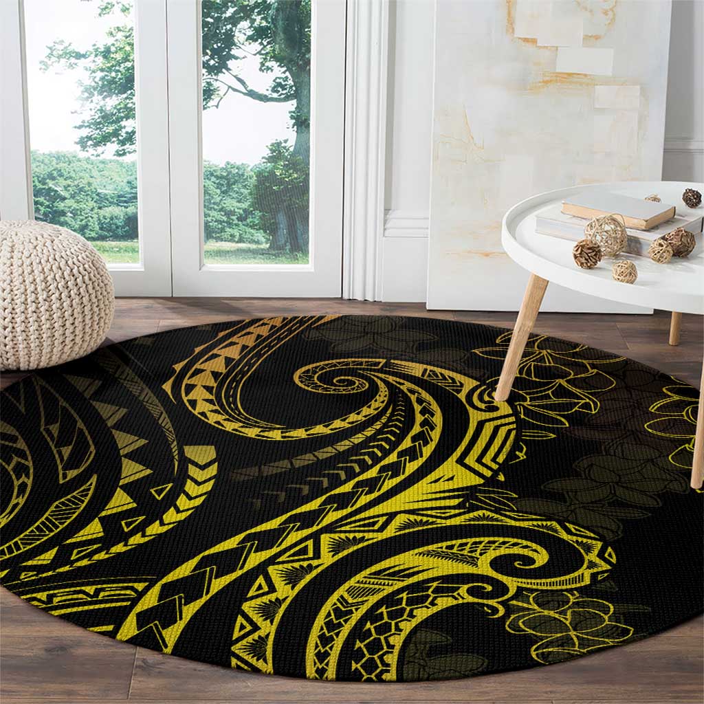 Polynesia Plumeria Lei Round Carpet Black Gold Curves Motif