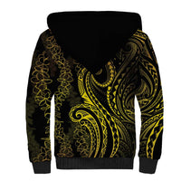 Polynesia Plumeria Lei Sherpa Hoodie Black Gold Curves Motif