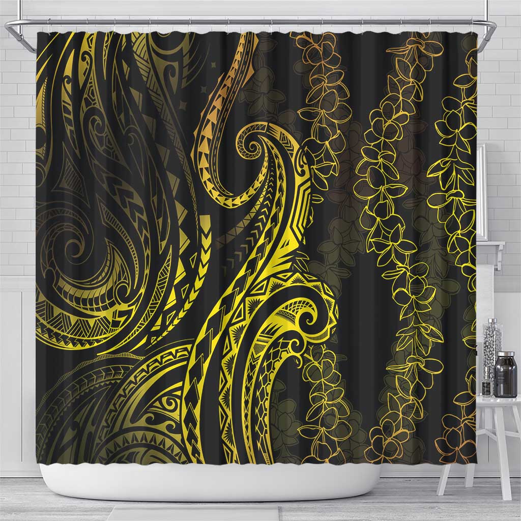 Polynesia Plumeria Lei Shower Curtain Black Gold Curves Motif