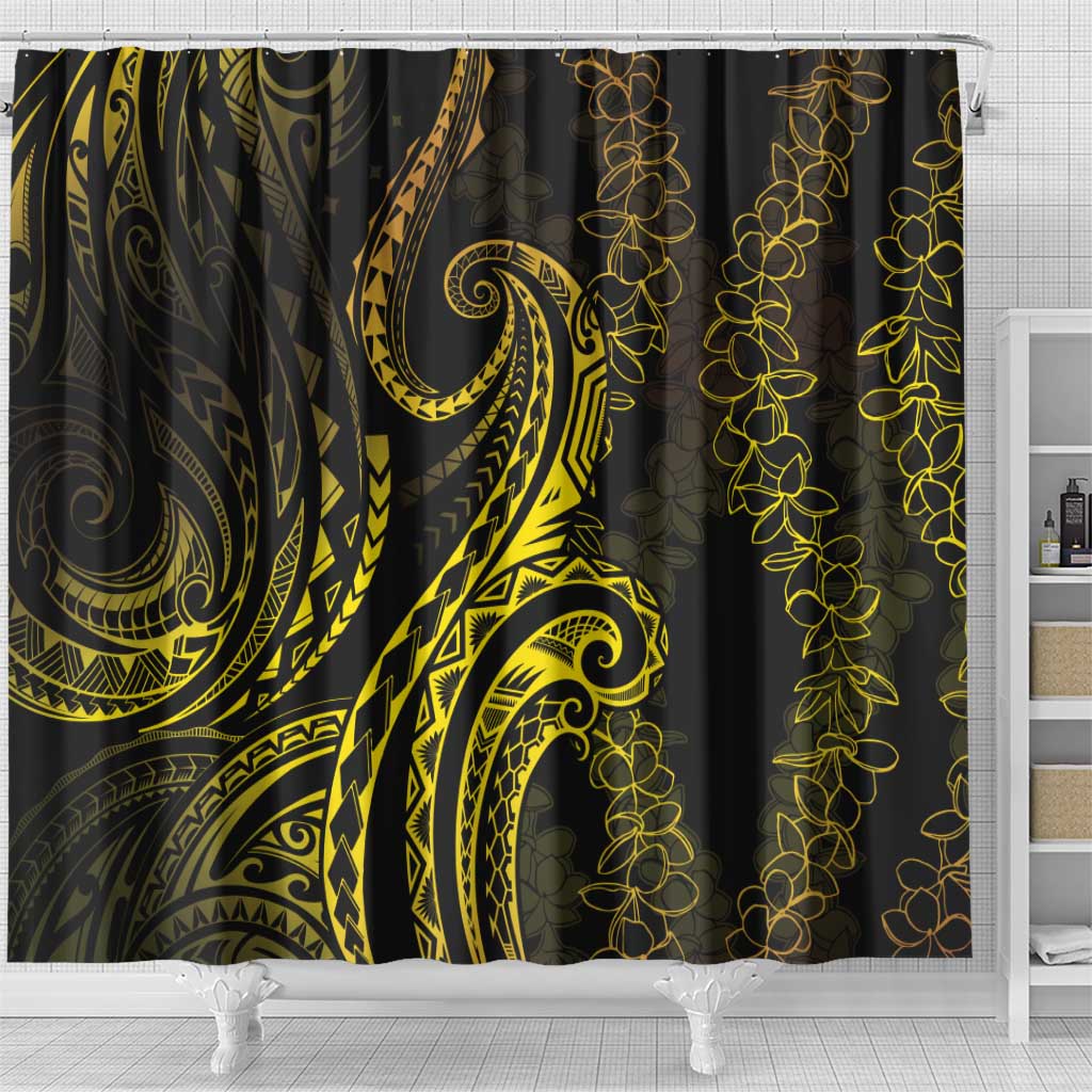 Polynesia Plumeria Lei Shower Curtain Black Gold Curves Motif