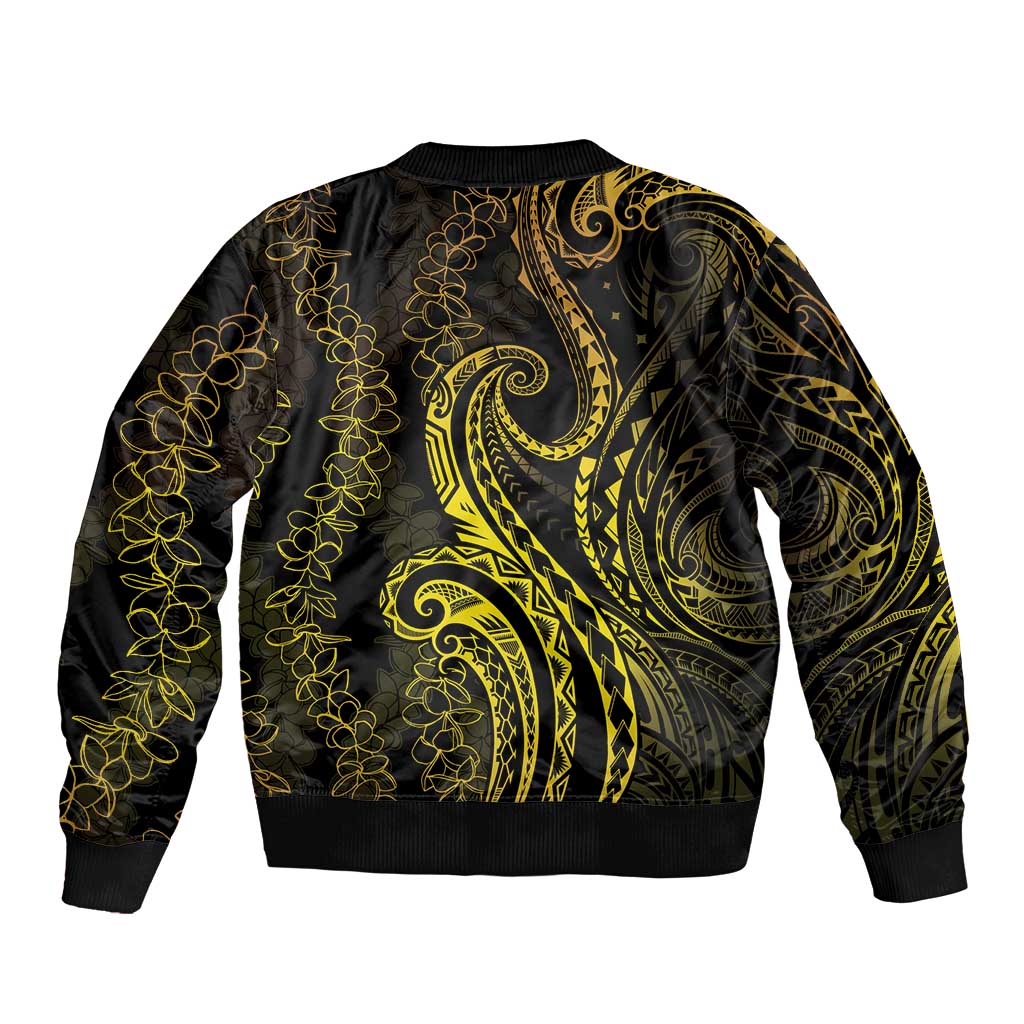 Polynesia Plumeria Lei Sleeve Zip Bomber Jacket Black Gold Curves Motif