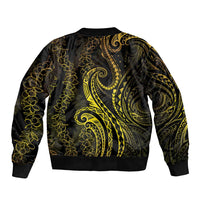 Polynesia Plumeria Lei Sleeve Zip Bomber Jacket Black Gold Curves Motif