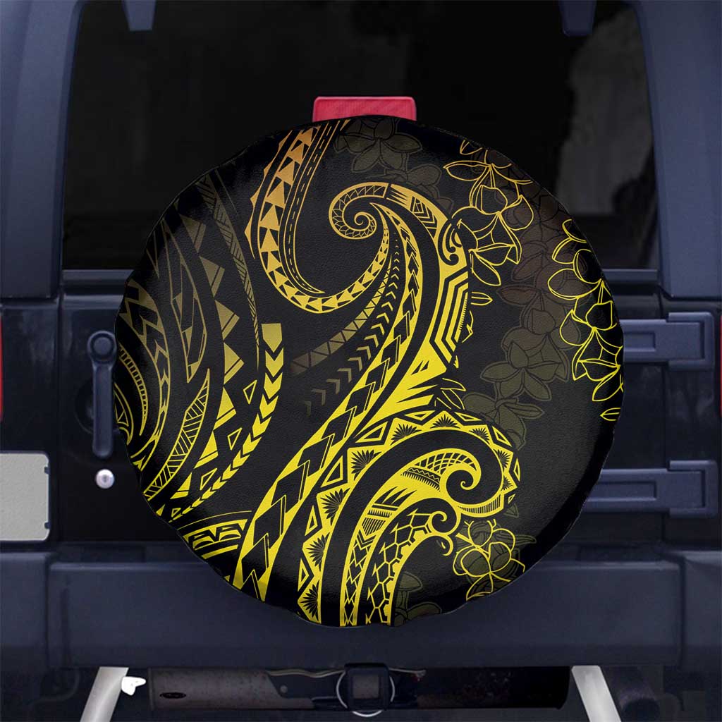 Polynesia Plumeria Lei Spare Tire Cover Black Gold Curves Motif