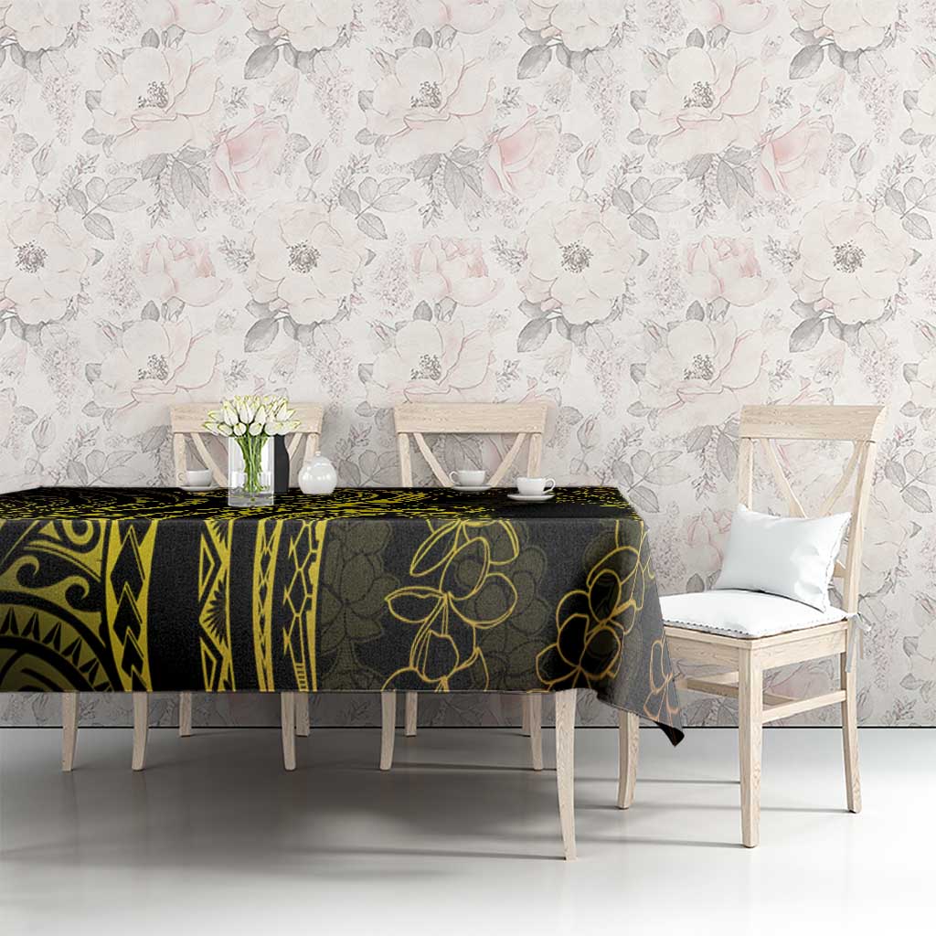 Polynesia Plumeria Lei Tablecloth Black Gold Curves Motif
