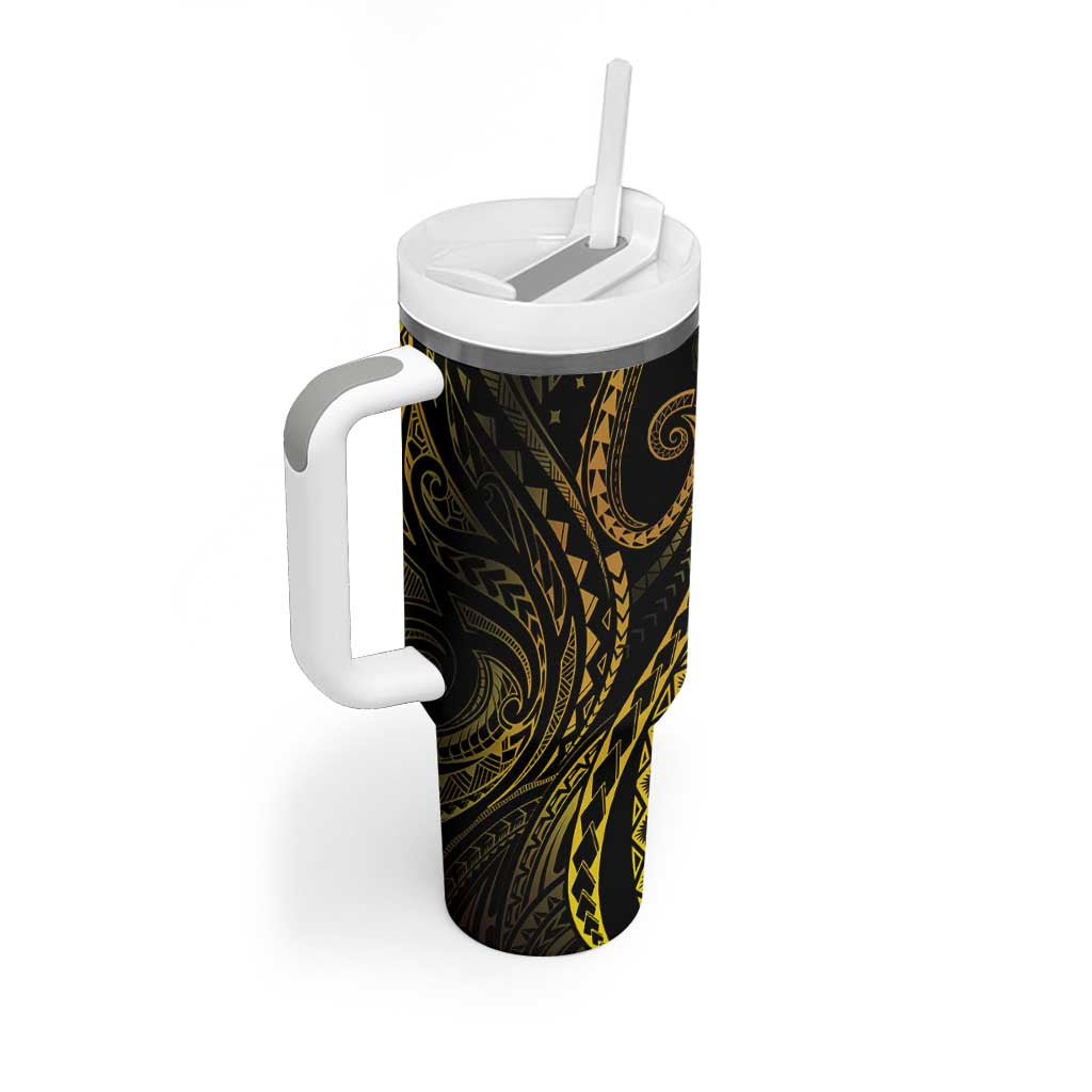 Polynesia Plumeria Lei Tumbler With Handle Black Gold Curves Motif LT7 - Polynesian Pride