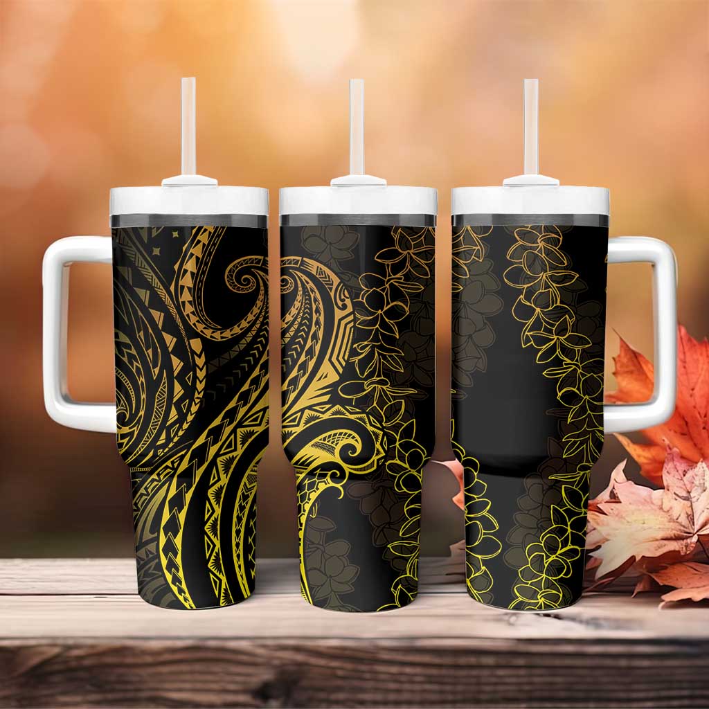 Polynesia Plumeria Lei Tumbler With Handle Black Gold Curves Motif LT7 - Polynesian Pride