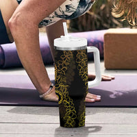 Polynesia Plumeria Lei Tumbler With Handle Black Gold Curves Motif LT7 - Polynesian Pride
