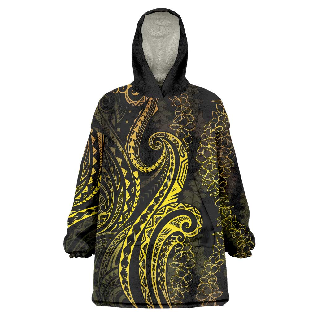 Polynesia Plumeria Lei Wearable Blanket Hoodie Black Gold Curves Motif