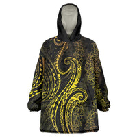 Polynesia Plumeria Lei Wearable Blanket Hoodie Black Gold Curves Motif
