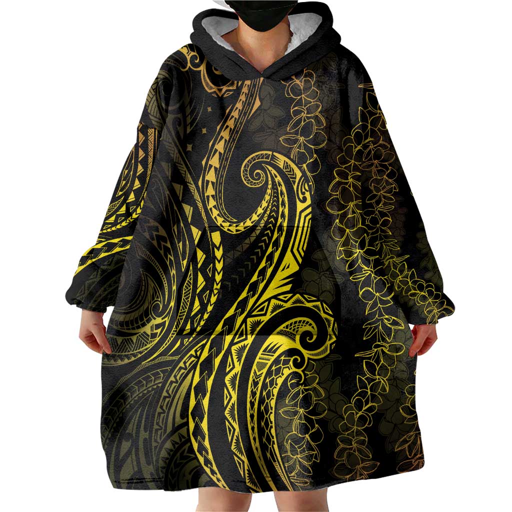 Polynesia Plumeria Lei Wearable Blanket Hoodie Black Gold Curves Motif