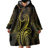 Polynesia Plumeria Lei Wearable Blanket Hoodie Black Gold Curves Motif
