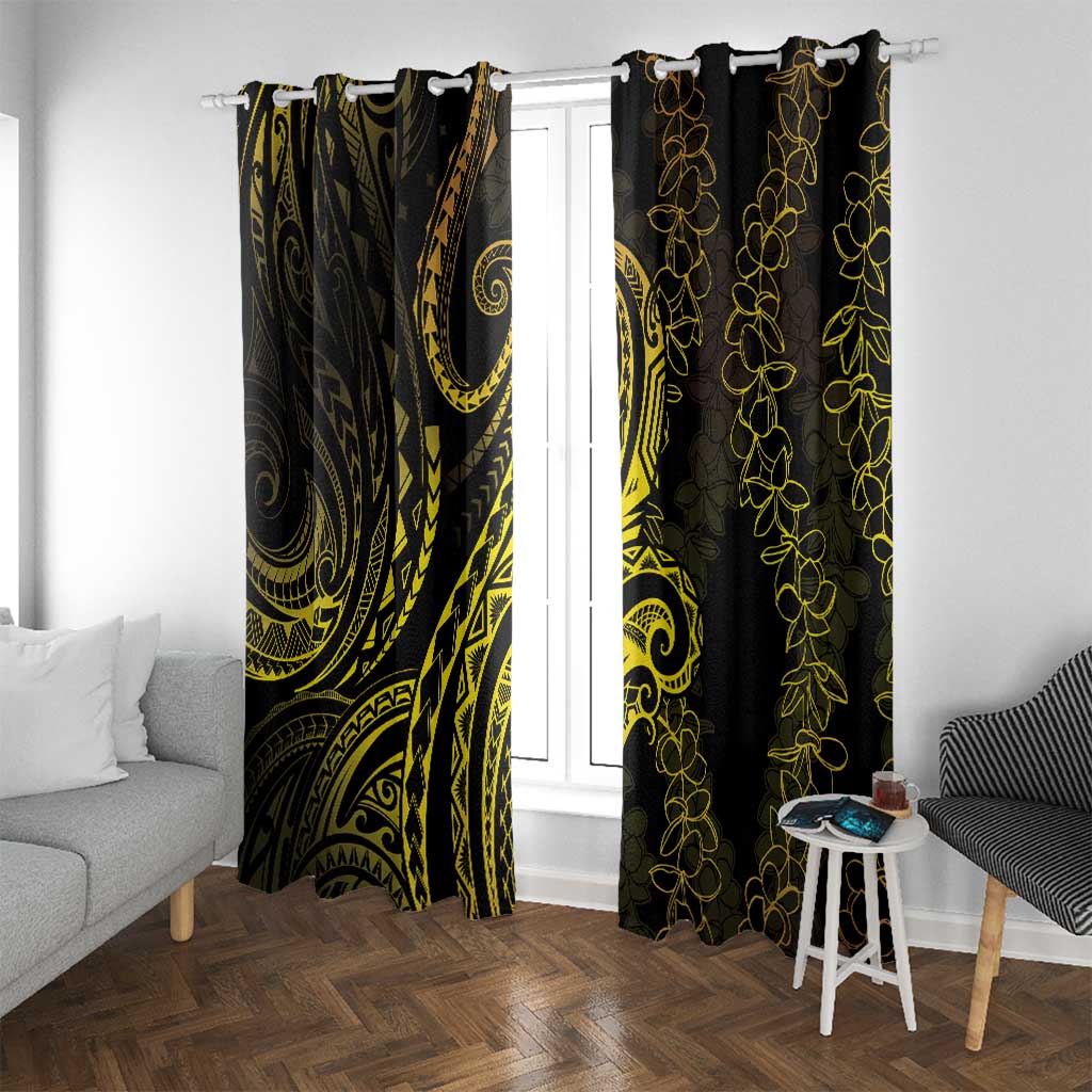 Polynesia Plumeria Lei Window Curtain Black Gold Curves Motif LT7 With Grommets Gold - Polynesian Pride