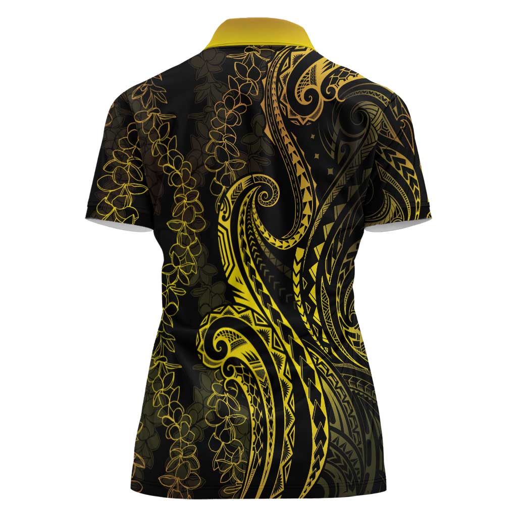 Polynesia Plumeria Lei Women Polo Shirt Black Gold Curves Motif