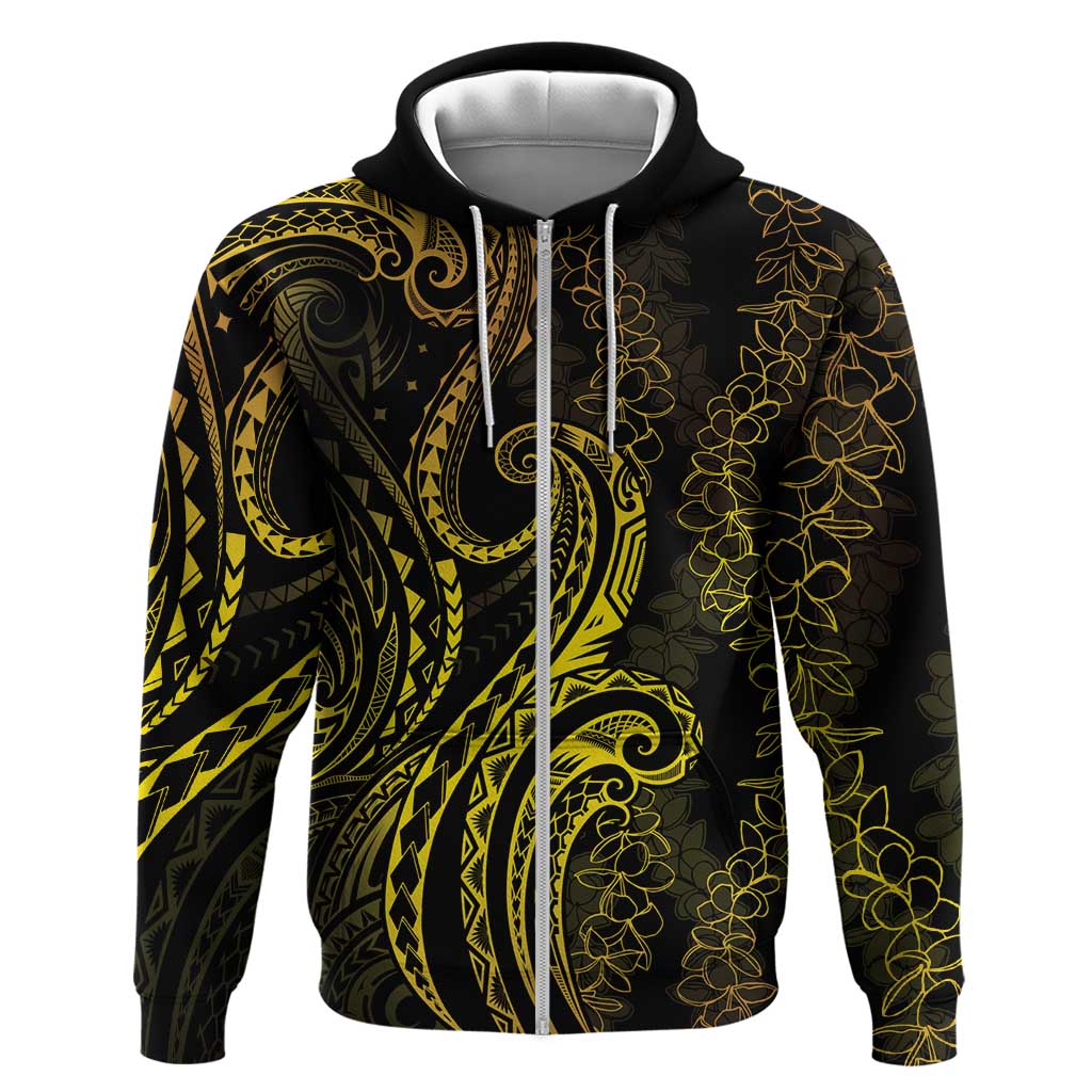 Polynesia Plumeria Lei Zip Hoodie Black Gold Curves Motif