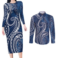 Polynesia Plumeria Lei Couples Matching Long Sleeve Bodycon Dress and Long Sleeve Button Shirt Navy Blue Curves Motif LT7 Navy Blue - Polynesian Pride