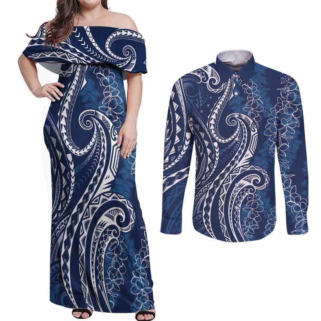 Polynesia Plumeria Lei Couples Matching Off Shoulder Maxi Dress and Long Sleeve Button Shirt Navy Blue Curves Motif
