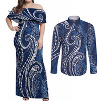 Polynesia Plumeria Lei Couples Matching Off Shoulder Maxi Dress and Long Sleeve Button Shirt Navy Blue Curves Motif