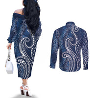 Polynesia Plumeria Lei Couples Matching Off The Shoulder Long Sleeve Dress and Long Sleeve Button Shirt Navy Blue Curves Motif