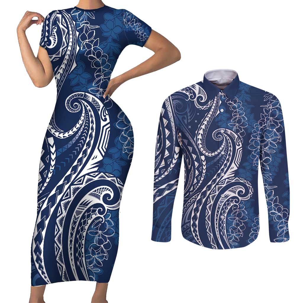 Polynesia Plumeria Lei Couples Matching Short Sleeve Bodycon Dress and Long Sleeve Button Shirt Navy Blue Curves Motif LT7 Navy Blue - Polynesian Pride
