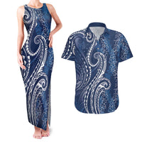 Polynesia Plumeria Lei Couples Matching Tank Maxi Dress and Hawaiian Shirt Navy Blue Curves Motif
