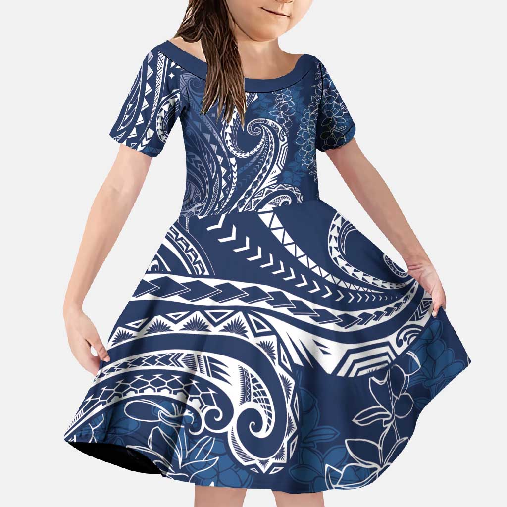Polynesia Plumeria Lei Family Matching Long Sleeve Bodycon Dress and Hawaiian Shirt Navy Blue Curves Motif