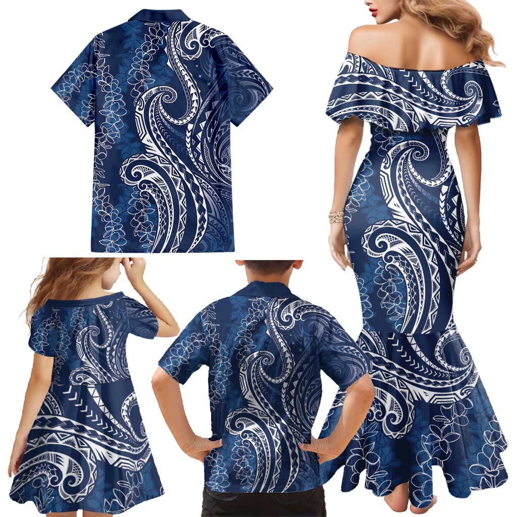 Polynesia Plumeria Lei Family Matching Mermaid Dress and Hawaiian Shirt Navy Blue Curves Motif