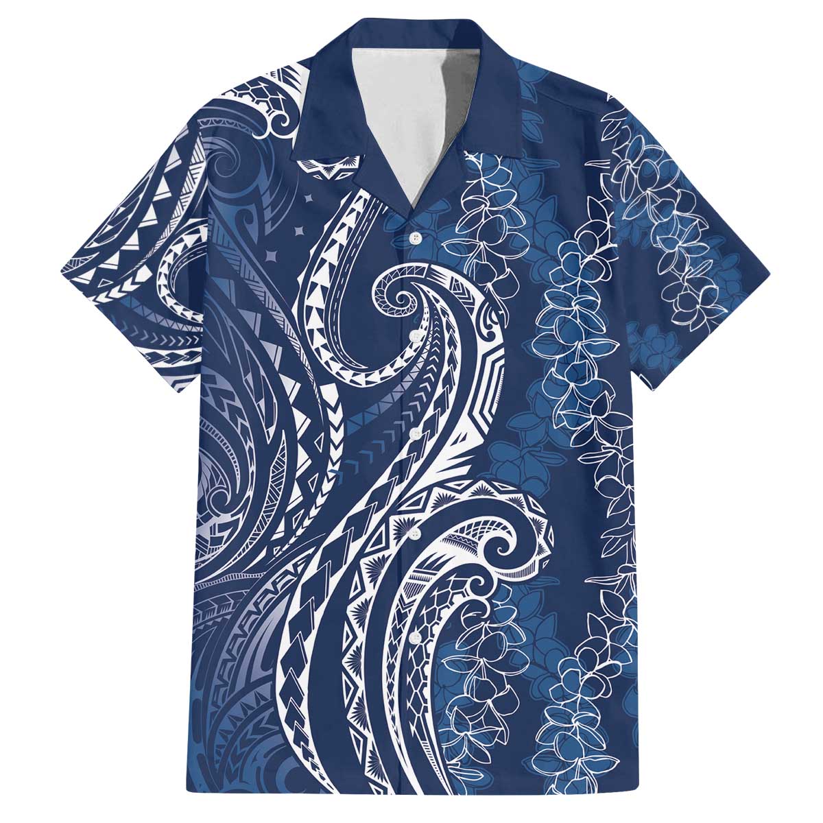 Polynesia Plumeria Lei Family Matching Off The Shoulder Long Sleeve Dress and Hawaiian Shirt Navy Blue Curves Motif