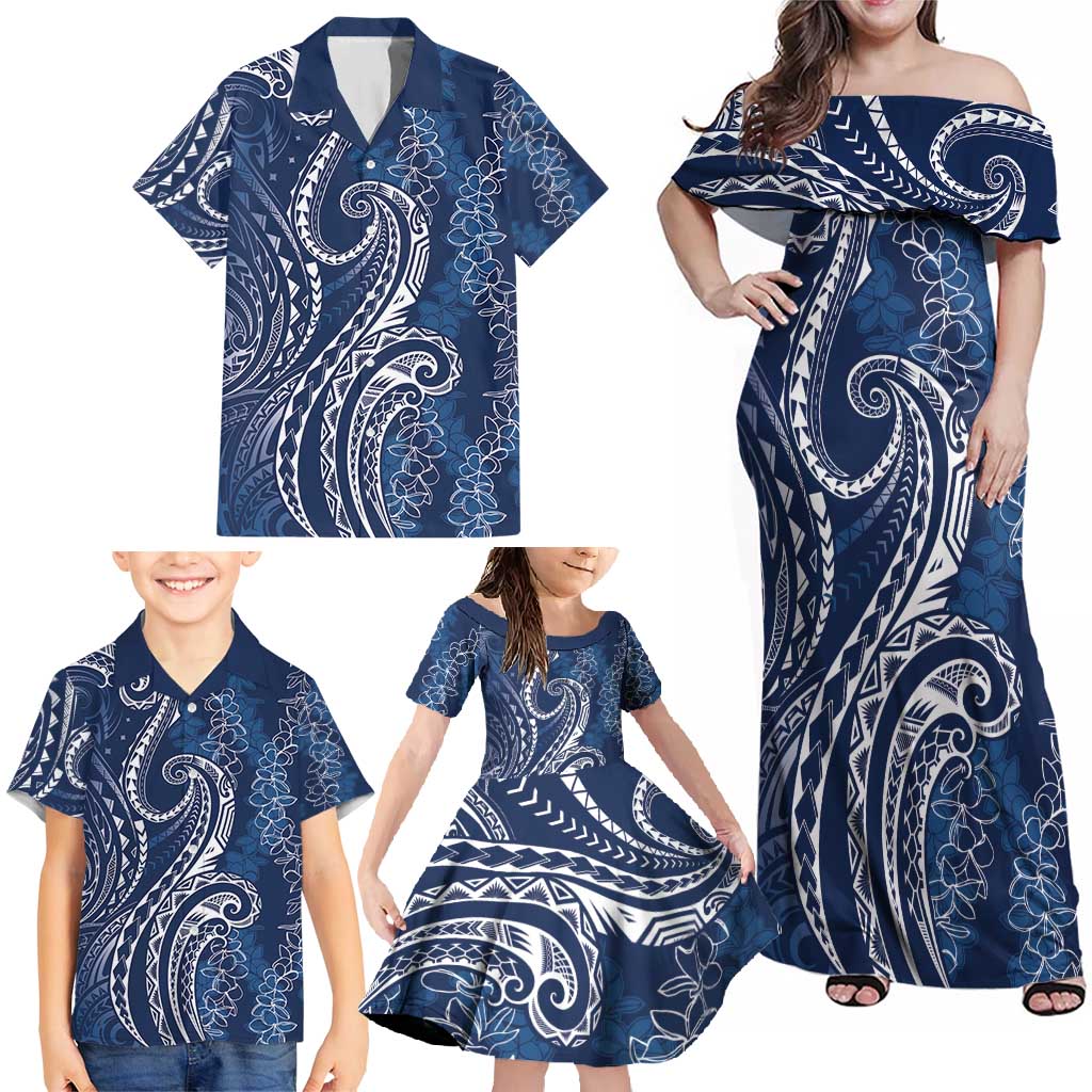 Polynesia Plumeria Lei Family Matching Off Shoulder Maxi Dress and Hawaiian Shirt Navy Blue Curves Motif