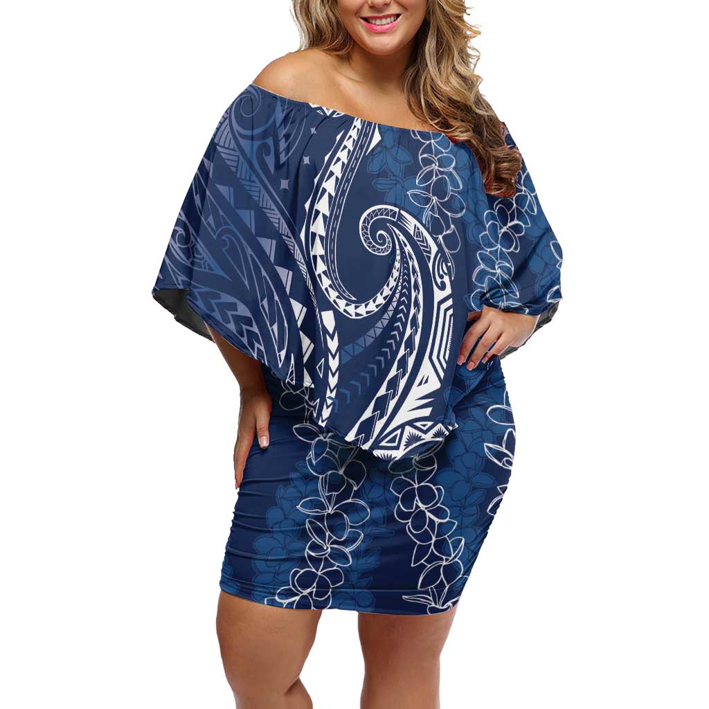 Polynesia Plumeria Lei Family Matching Off Shoulder Short Dress and Hawaiian Shirt Navy Blue Curves Motif