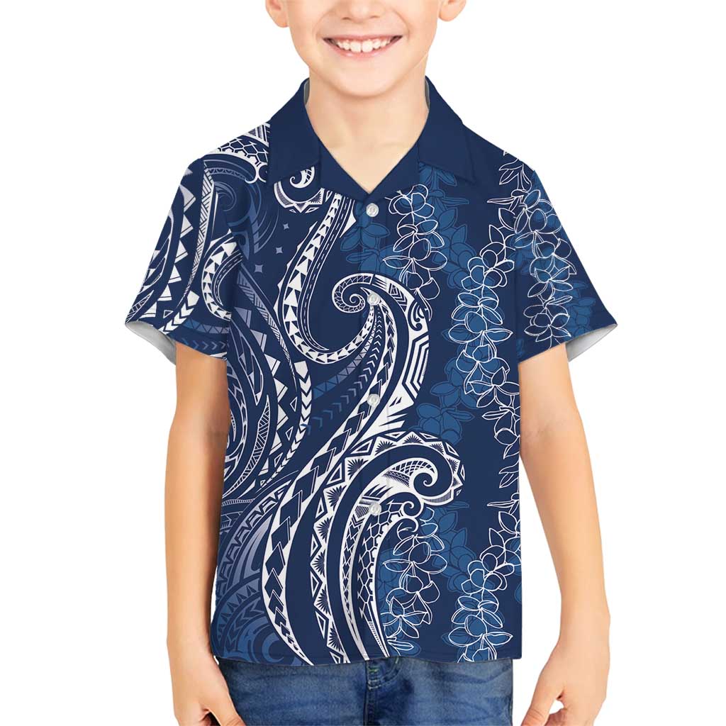 Polynesia Plumeria Lei Family Matching Puletasi and Hawaiian Shirt Navy Blue Curves Motif