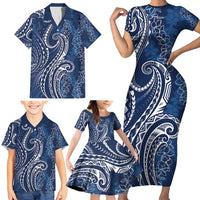 Polynesia Plumeria Lei Family Matching Short Sleeve Bodycon Dress and Hawaiian Shirt Navy Blue Curves Motif