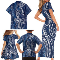 Polynesia Plumeria Lei Family Matching Short Sleeve Bodycon Dress and Hawaiian Shirt Navy Blue Curves Motif