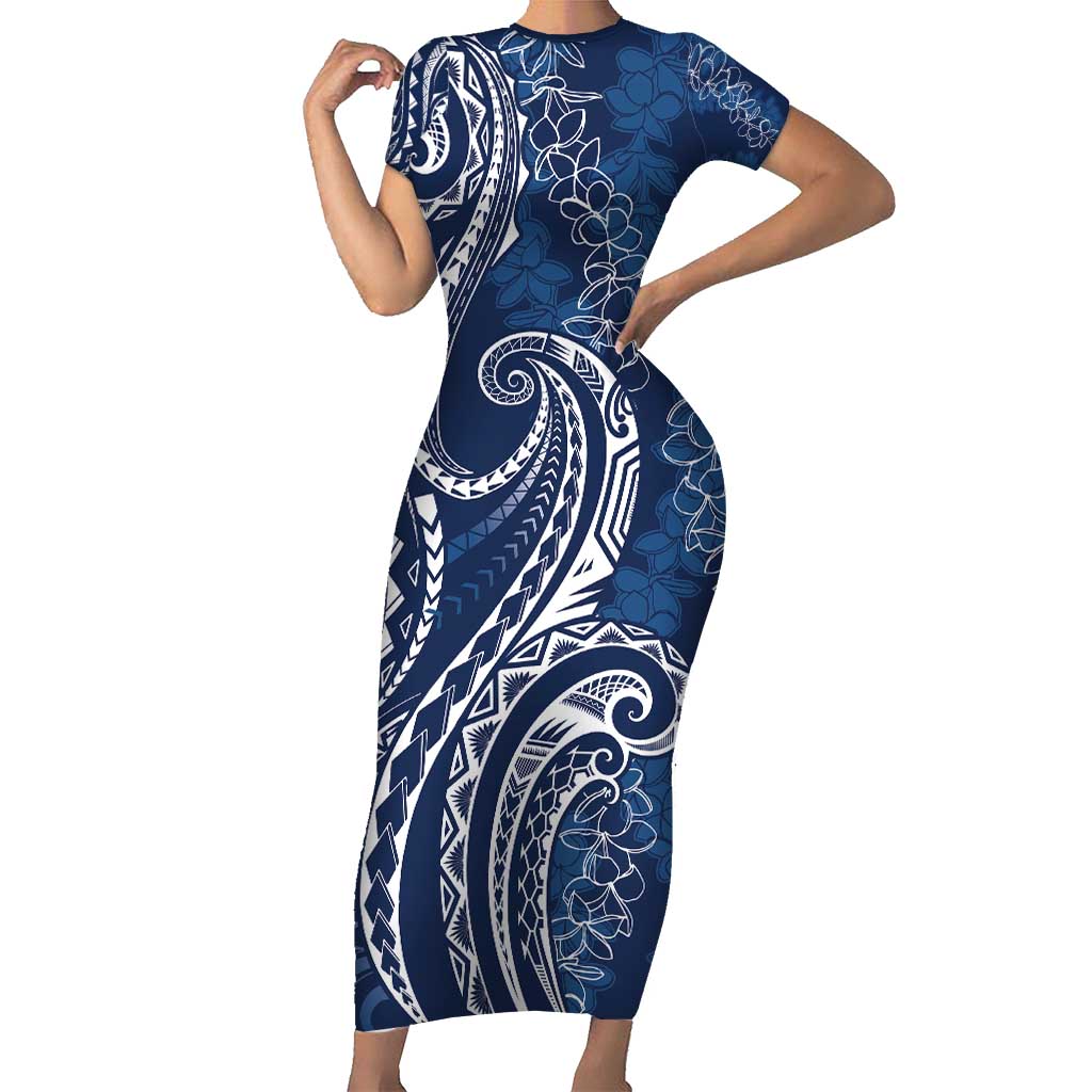 Polynesia Plumeria Lei Family Matching Short Sleeve Bodycon Dress and Hawaiian Shirt Navy Blue Curves Motif