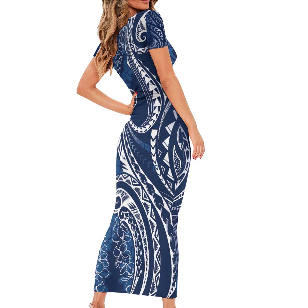 Polynesia Plumeria Lei Family Matching Short Sleeve Bodycon Dress and Hawaiian Shirt Navy Blue Curves Motif